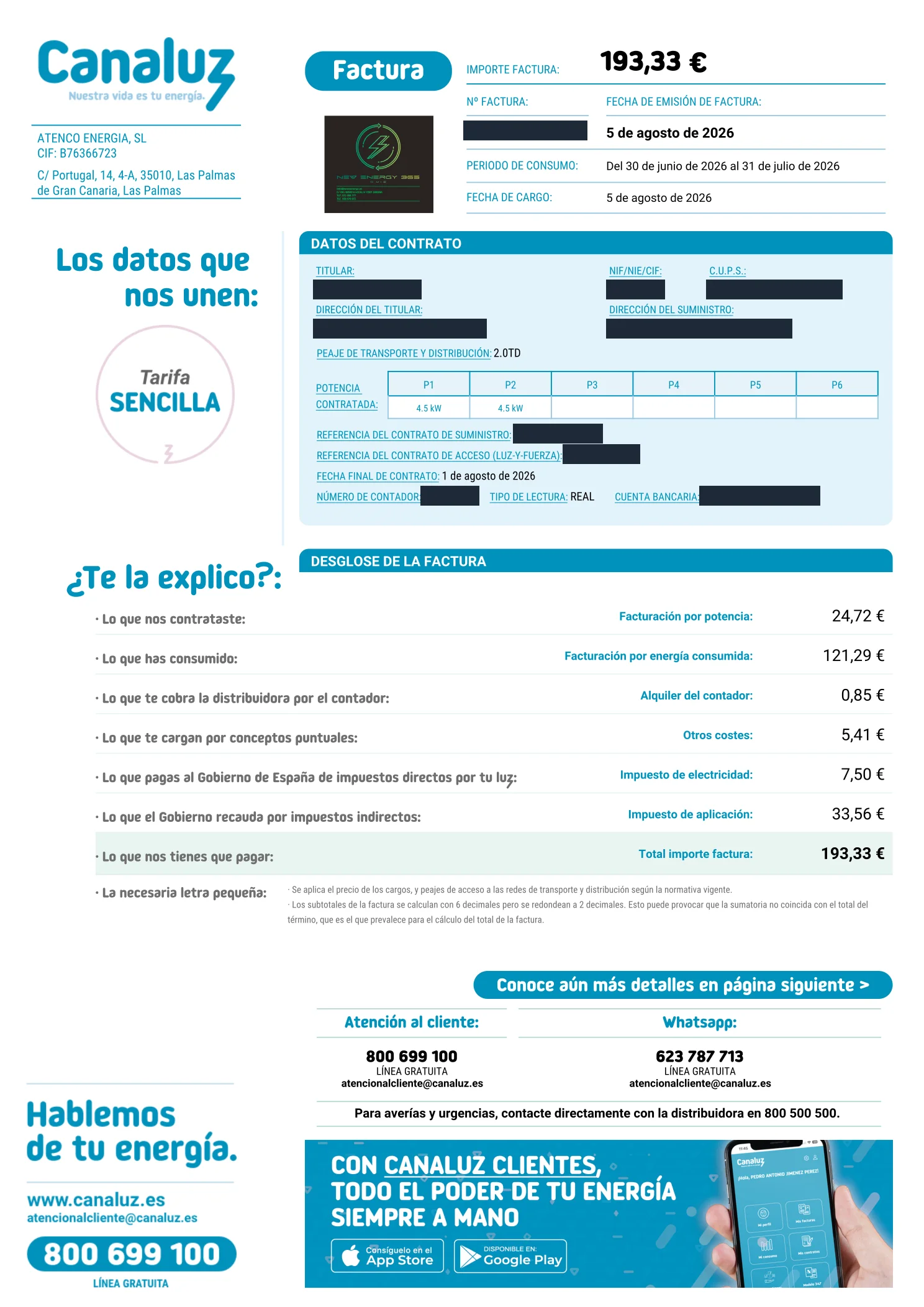 Página 1 de una factura real de Canaluz (Tarifa Sencilla), con datos identificativos anonimizados y 2 globos numerados