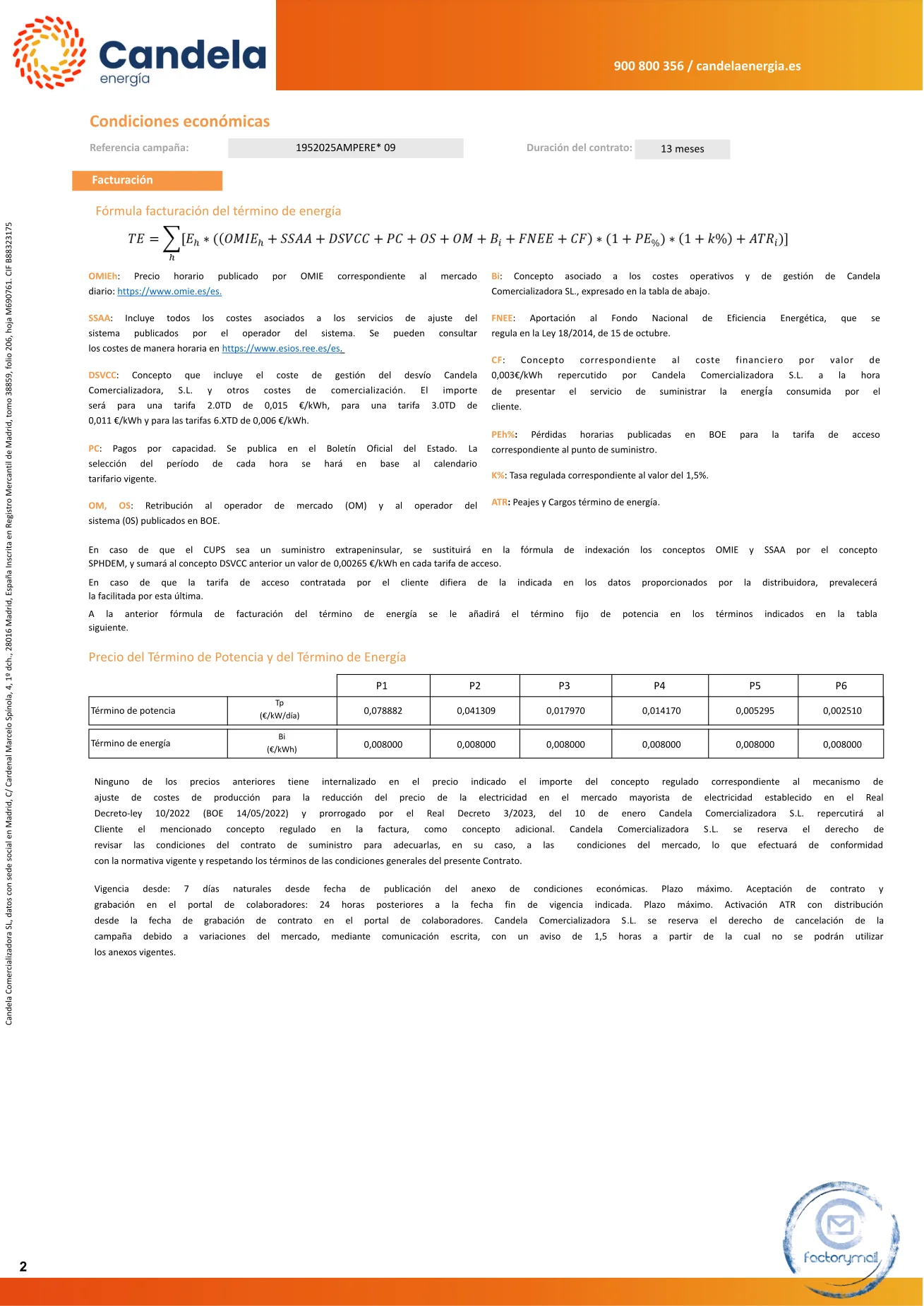 Página de condiciones económicas de un contrato real de Candela Energía, con la fórmula de facturación del término de energía y su glosario de conceptos