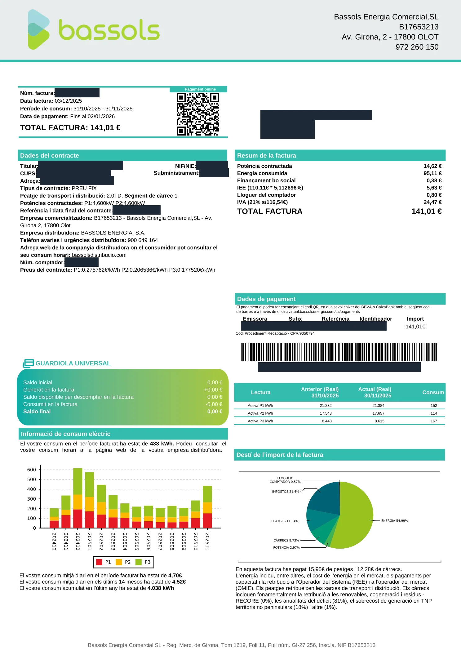 Factura real de Cristina con Bassols Energia, 2.0TD precio fijo, 141,01 € — datos identificativos anonimizados, 3 globos numerados