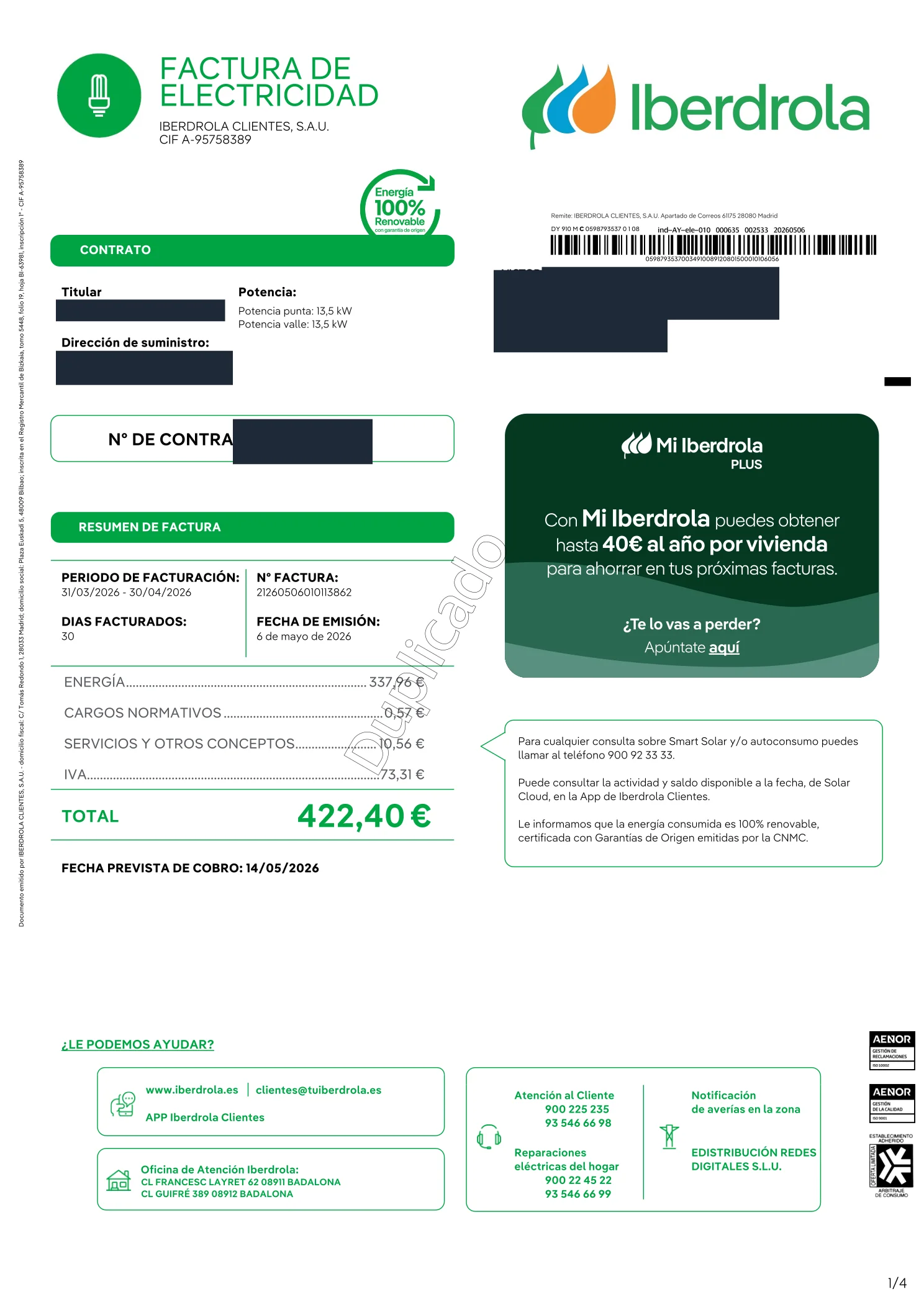 Página 1 de una factura real de Iberdrola para negocio, anonimizada, con globos numerados